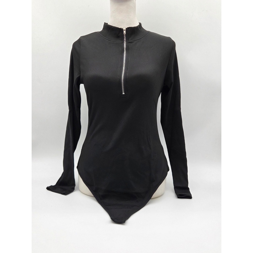 Black Ribbed Long Sleeve Half Zip Mock Neck Bodysuit Size L 101-510